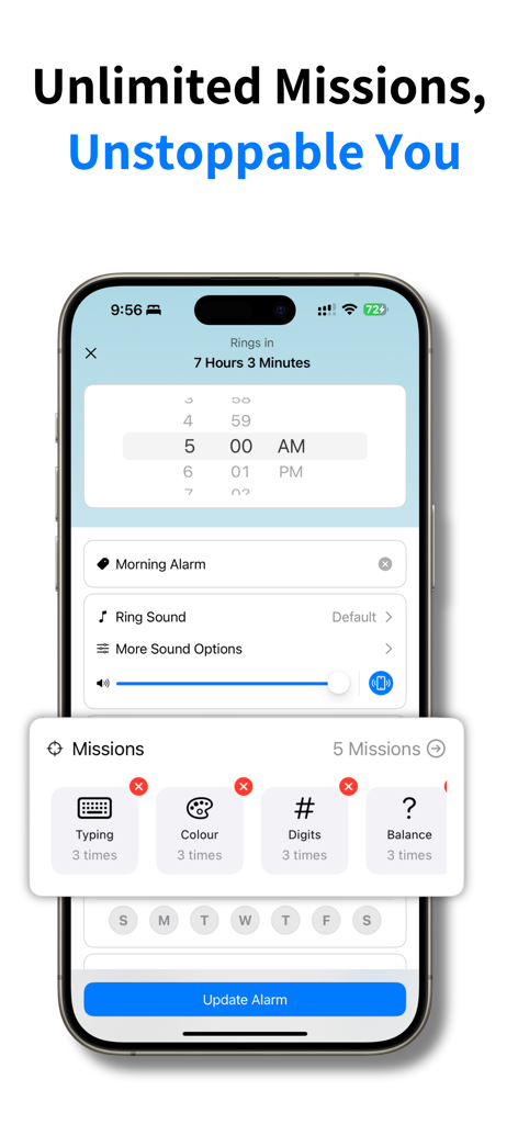 ProAlarm: Mission Alarm Clock - ProAlarm interface showing a morning alarm setup with different wake up missions like typing and digits