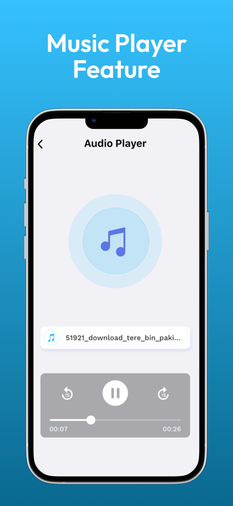 Interface of the built-in audio player in the Data Transfer and File Sharing app showing music playback controls on an iPhone