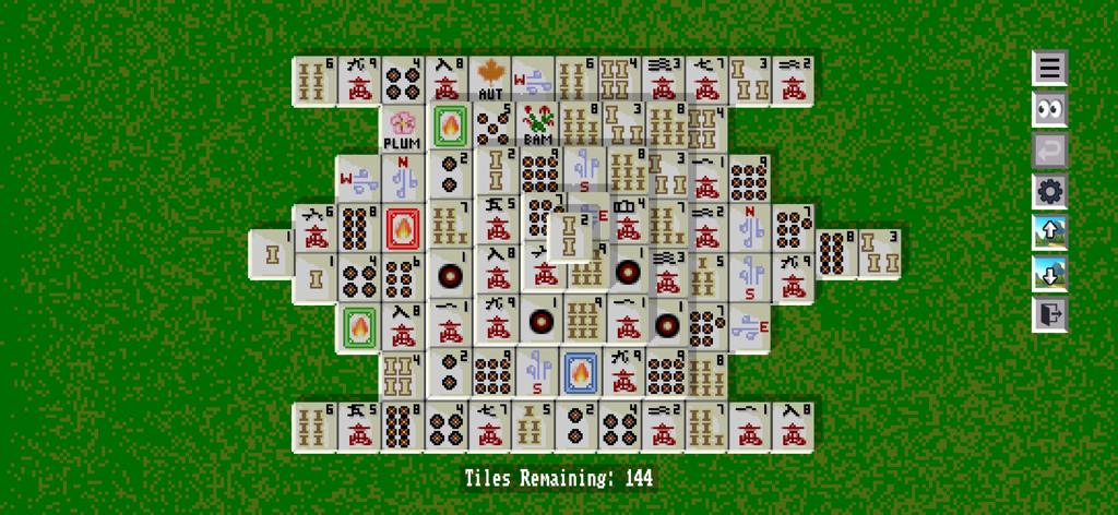 A gameplay screenshot of Leon's Mahjong showing retro pixel art tiles stacked on a green textured background