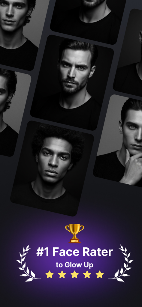 UCHAD - See Your Potential - Pantalla de la aplicación UCHAD con retratos masculinos y el texto #1 Calificador Facial para Mejorar con un icono de trofeo dorado