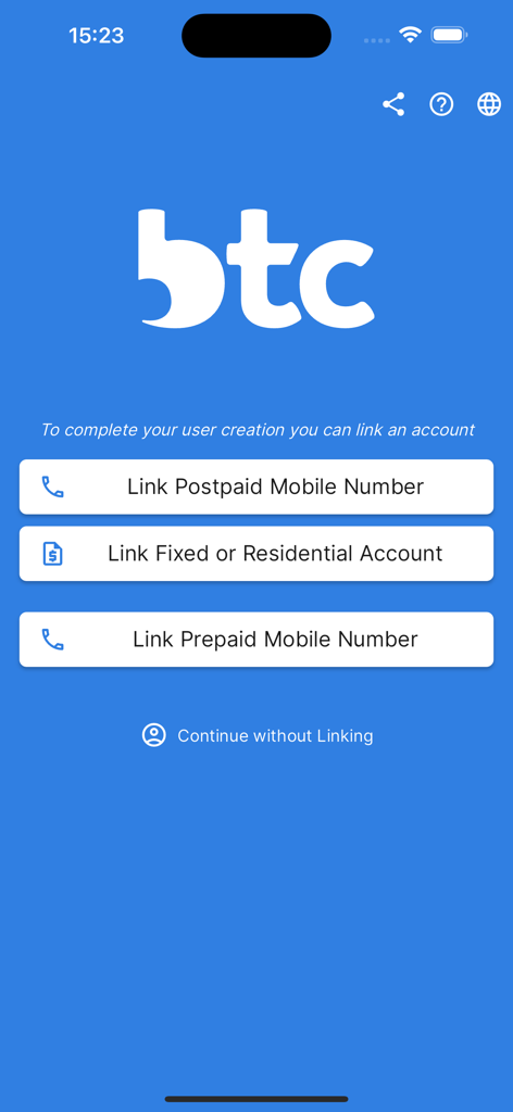 MyBTC - MyBTC app screen displaying options to link a postpaid, prepaid, or residential account during user setup.