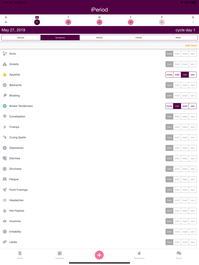 Interfaz detallada de seguimiento de salud y síntomas menstruales en la aplicación iPeriod Lite HD.