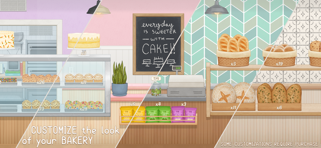 Baker Business 3 - Split screen display showcasing three different interior styles for a virtual bakery including rustic bread shelves and a modern pastry case
