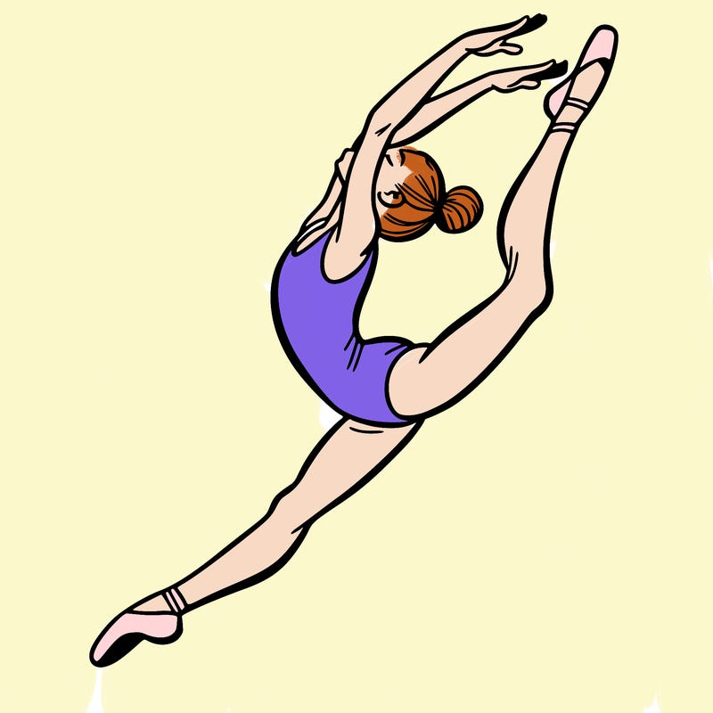 gymnast doing a leap in a leotard with a bent back leg