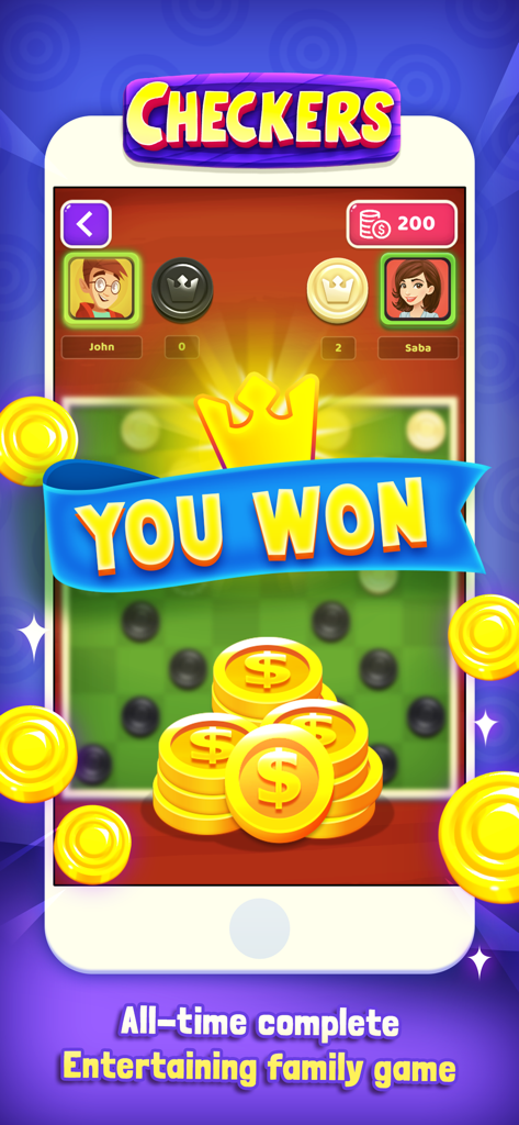 Victory screen in the Checkers mobile app showing a You Won banner and gold coins.