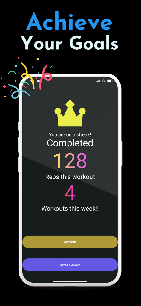 AI Fitness Coach: Basic Fit - Tela de resumo do treino mostrando 128 repetições concluídas e uma sequência semanal de 4 treinos