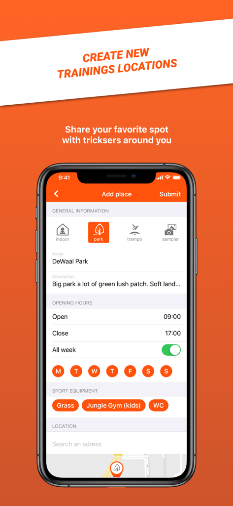 Tricks ! - Una interfaz móvil de la aplicación Tricks que muestra el formulario para crear y compartir nuevos lugares de entrenamiento como parques y gimnasios para trickers