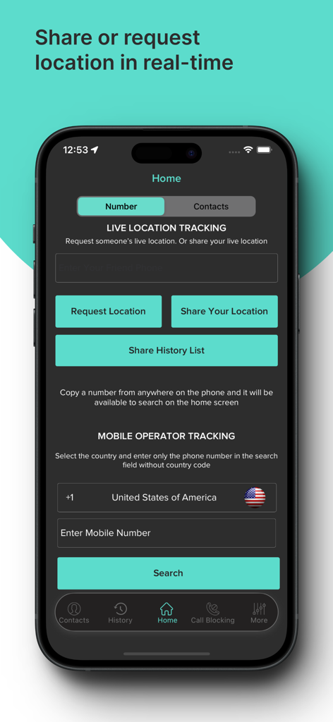 Mobile Number Tracker Location - Interfaz de la aplicación Ubicación Rastreador de Números Móviles que muestra seguimiento de ubicación en tiempo real y funciones de búsqueda de operador móvil.