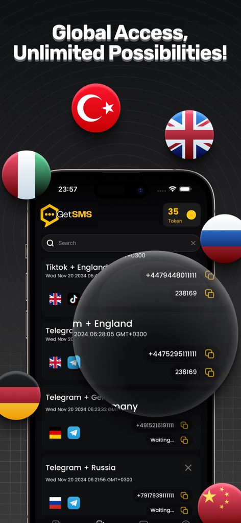 Un écran de smartphone montrant l'application GetSMS avec des numéros virtuels et des codes de vérification SMS pour diverses plateformes internationales de médias sociaux