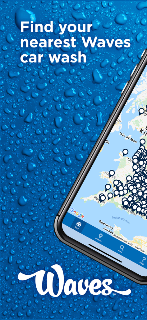 Waves Car Wash - 多くのサービスロケーションが表示されたWaves Car Washアプリの地図を示すスマートフォン