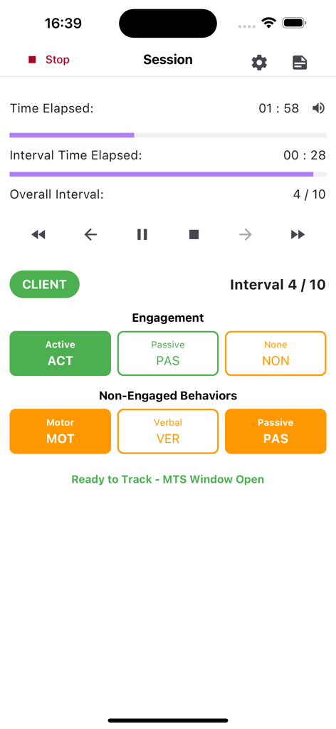 Behavior Observation: BOSS - Interface for tracking student engagement and non-engaged behaviors in the BOSS app.