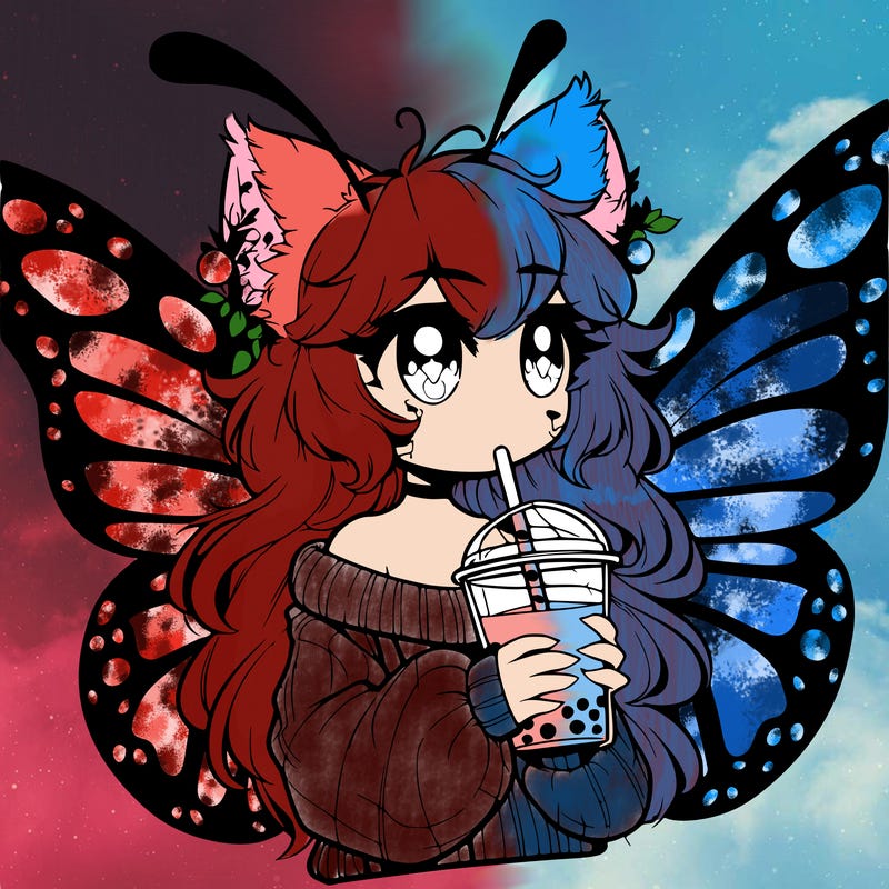 a realistic butterfly/furry girl drinking boba