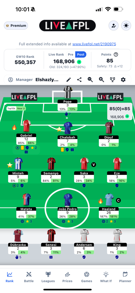 LiveFPL mobile app interface showing real-time fantasy premier league rank and team points
