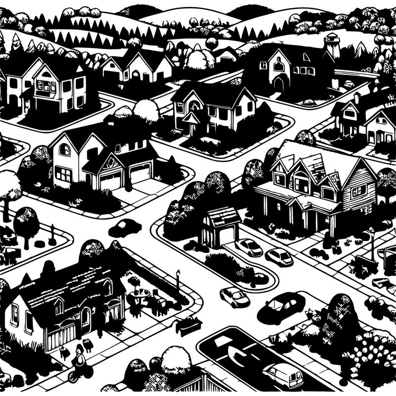 small town with lots of beautiful houses with beautiful landscapes and trees and flowers and add driveways and vehicles and roads and humans