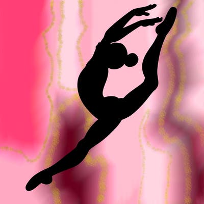 gymnast doing a leap in a leotard with a bent back leg