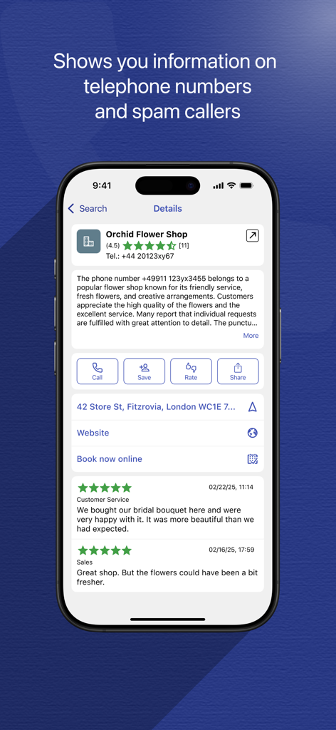 iPhone zeigt Clever Dialer App Rückwärtssuchergebnisse für ein Unternehmen mit Kontaktdaten und Kundenbewertungen an