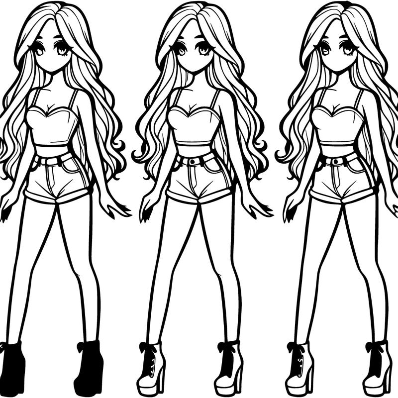 a girl with long hair and a crop top and high heels and shorts and is realistic