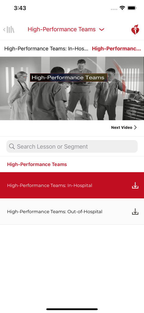 AHA eBook Reader app interface showing a list of video lessons for high performance medical teams with download icons.