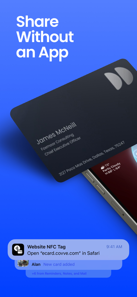 Covve - Digital Business Card - iPhone receiving a digital business card via NFC tap without needing an app