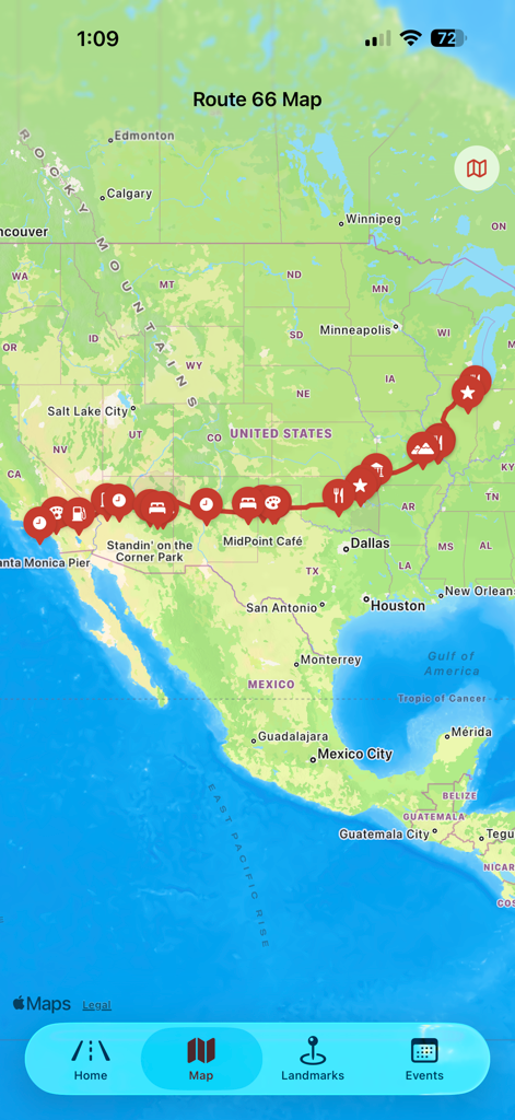 Route 66 100th Celebration - 미국 전역의 전체 경로와 랜드마크 및 정류장 표시기가 표시된 Route 66 기념 앱의 지도 보기