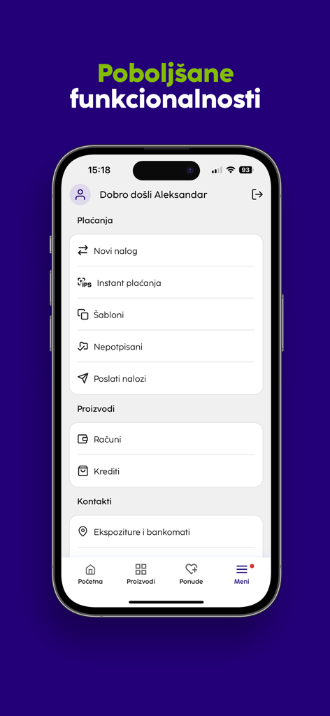 NLB mBizKlik Srbija mobile banking interface showing payment and account management options for business users