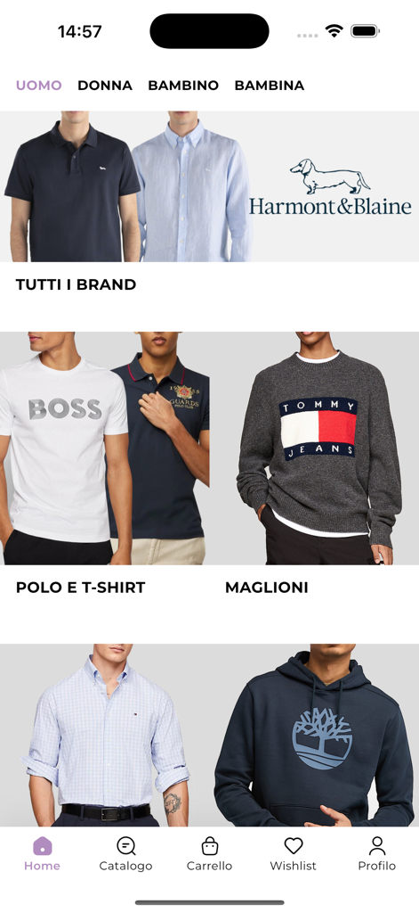 Griffe Shop - Griffe Shop mobile app interface showing various men fashion categories and top brands like BOSS and Tommy Jeans