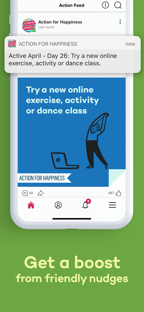 Smartphone screen showing an Action for Happiness app notification with a daily wellness nudge for Active April