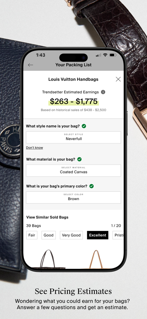The RealReal app screen showing a resale price estimate for a Louis Vuitton Neverfull handbag.
