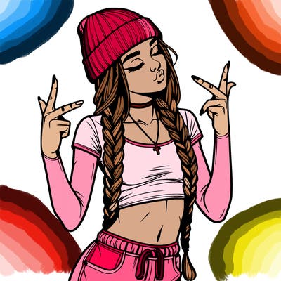 realistic teenage girl with braids and a beanie and crop top doing 🫶🏼