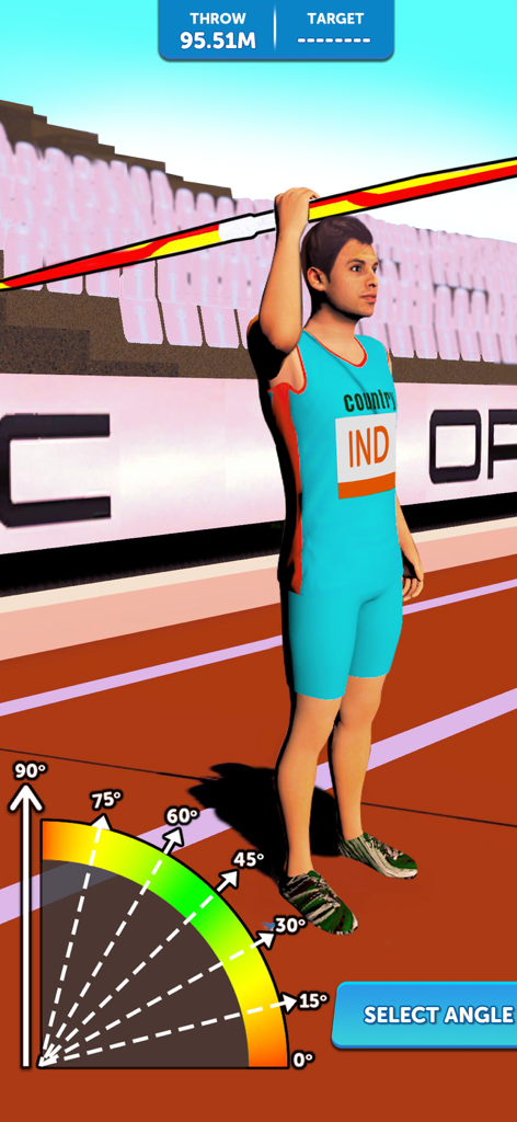 Javelin Throw: Athletics Champ - Javelin throw game screenshot showing an athlete selecting the throwing angle on a track