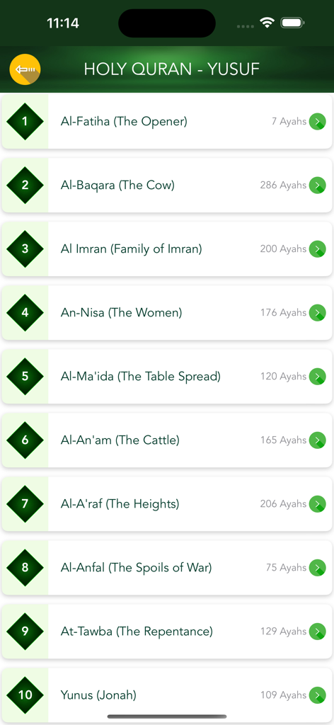 Ein Bildschirm, der die Liste der Korankapitel mit englischen Namen und Versanzahl in der Heiliger Koran Audio Yusuf App zeigt.