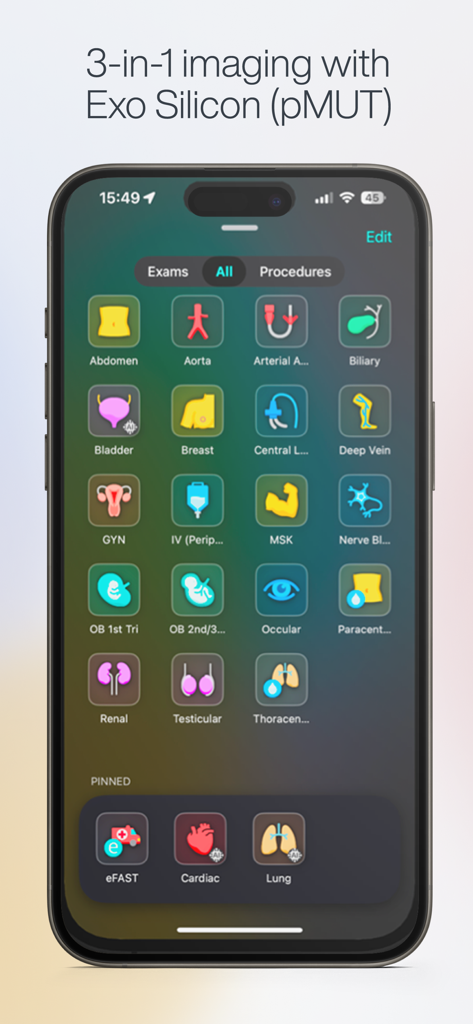 Exo Iris™ - Smartphone screen displaying the Exo Iris app with a menu of ultrasound exam types like Cardiac, Lung, and Abdomen.