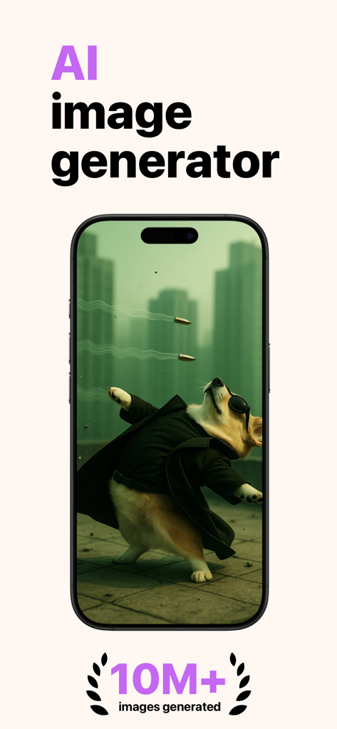黒いトレンチコートを着たコーギー犬が銃弾を避けているAI生成画像を表示するスマートフォン