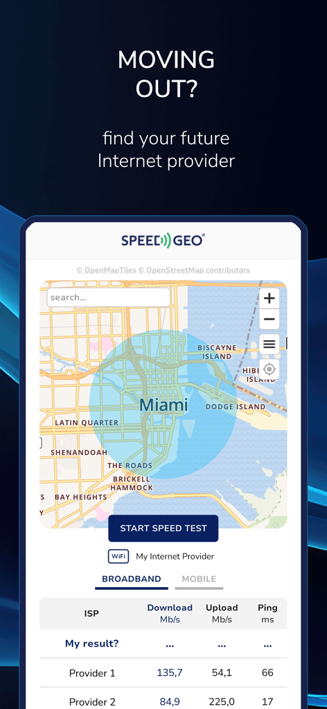 Speed Test by SPEEDGEO app showing ISP performance comparison on a map of Miami