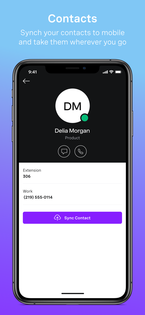 Vonage Business Communications - Interface de l'application Vonage Business Communications montrant un profil de contact professionnel avec une option pour synchroniser les contacts