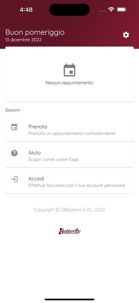 La schermata principale dell'app medica Butterfly Laboratorio Analisi che mostra le opzioni del menu per la prenotazione e il login