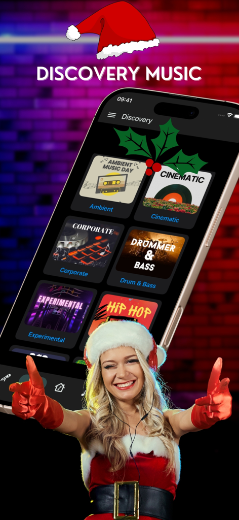 Karaoke Offline: Music Player - A smartphone displaying the discovery music screen of the Karaoke Offline app with various genre categories and a festive holiday theme.