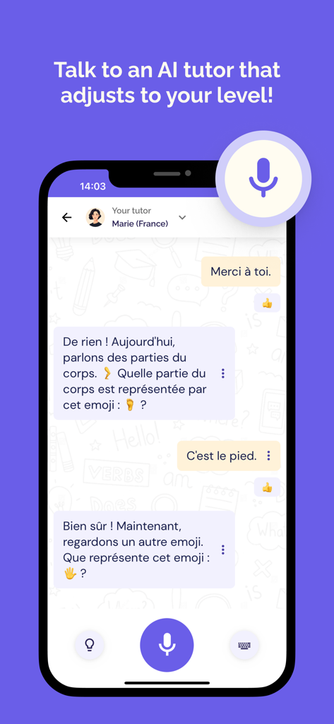 Lingolette app screen showing a French conversation with an AI tutor using voice input and emojis