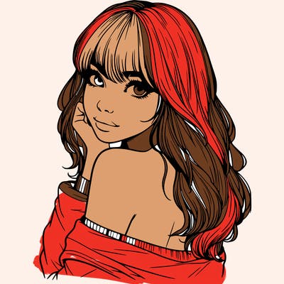 realistic girl with bangs looking over her shoulder