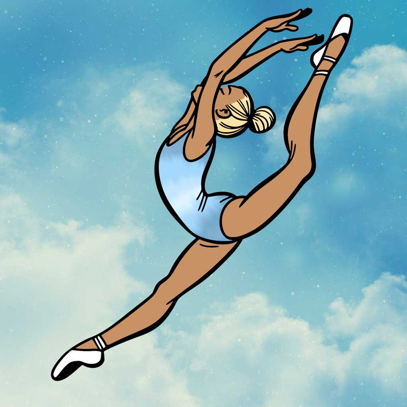 gymnast doing a leap in a leotard with a bent back leg