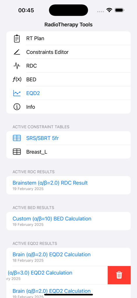 Dashboard of the RadioTherapy Tools app displaying options for RT Plan, Constraints Editor, and dose calculators like BED and EQD2.