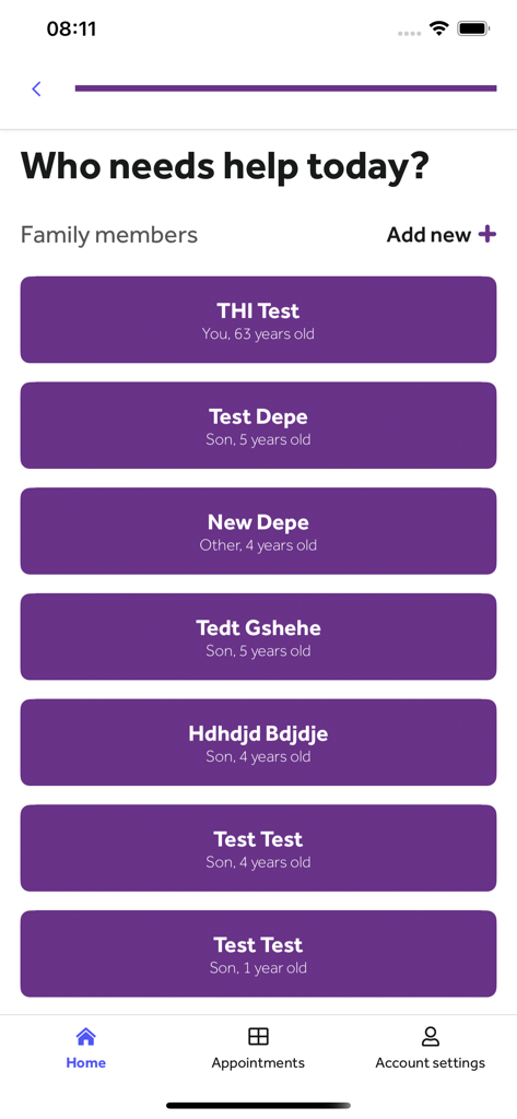 Bildschirm der Teladoc Global Care App von Teladoc Health, der eine Liste von Familienmitgliedern zur Auswahl für eine medizinische Beratung anzeigt.
