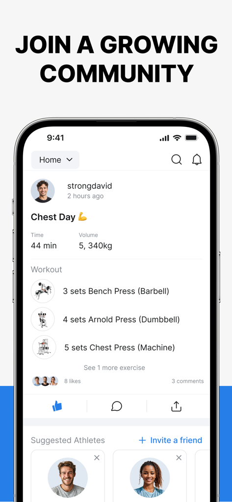 A social feed in the Hevy app showing a user's chest day workout log and community interaction features