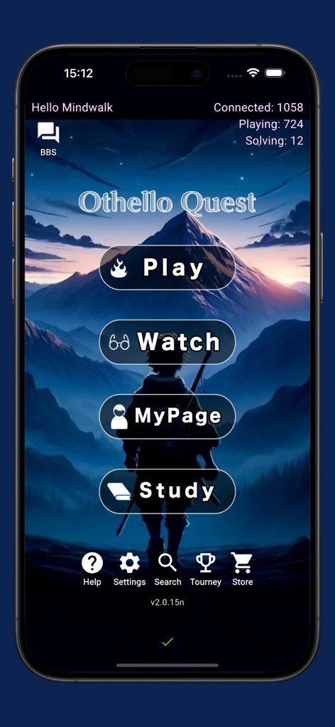 Othello Quest - Online Othello - Menu principal do aplicativo móvel Othello Quest com botões Play, Watch, MyPage e Study sobre um fundo de paisagem montanhosa