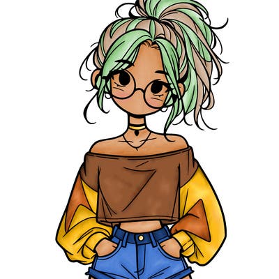 girl with a messy ponytail glasses a baggy crop top and jean shorts