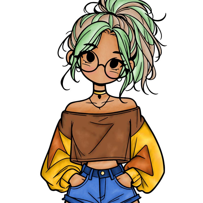 girl with a messy ponytail glasses a baggy crop top and jean shorts