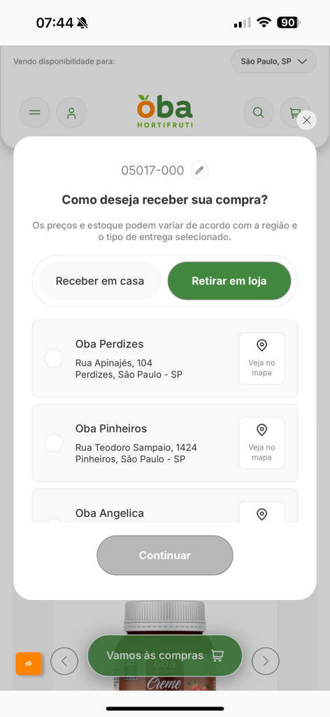 Oba Hortifruti - Oba Hortifruti app screen for selecting delivery to home or in-store pickup with a list of store locations in Sao Paulo.