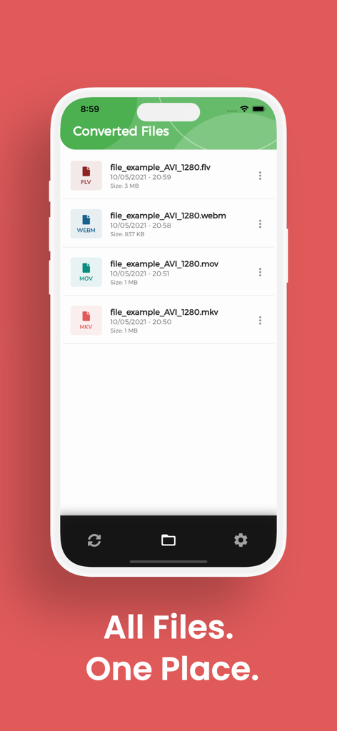 Una lista de archivos de video convertidos en la interfaz de la app Convertidor MKV que muestra varios formatos como MOV y WEBM