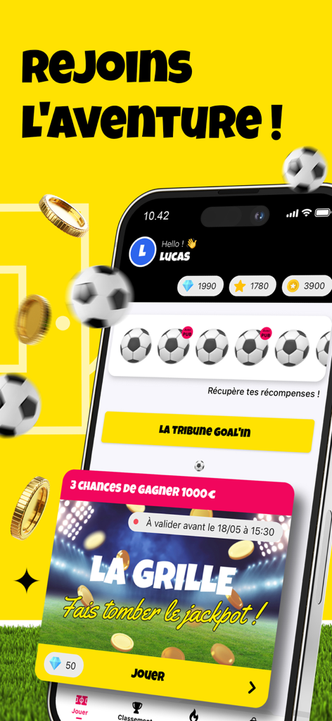 Goal'in - Pantalla de la aplicación móvil Goal-in que muestra recompensas por predicciones deportivas y una interfaz de juego de jackpot de fútbol