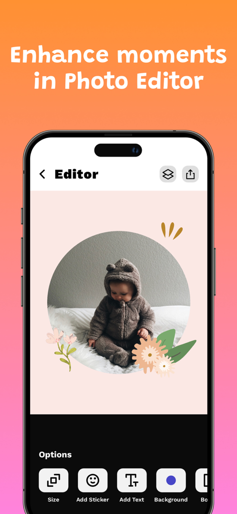 Babio: Baby Monthly Pictures - Babio photo editor interface showing a baby picture with floral stickers and editing tools
